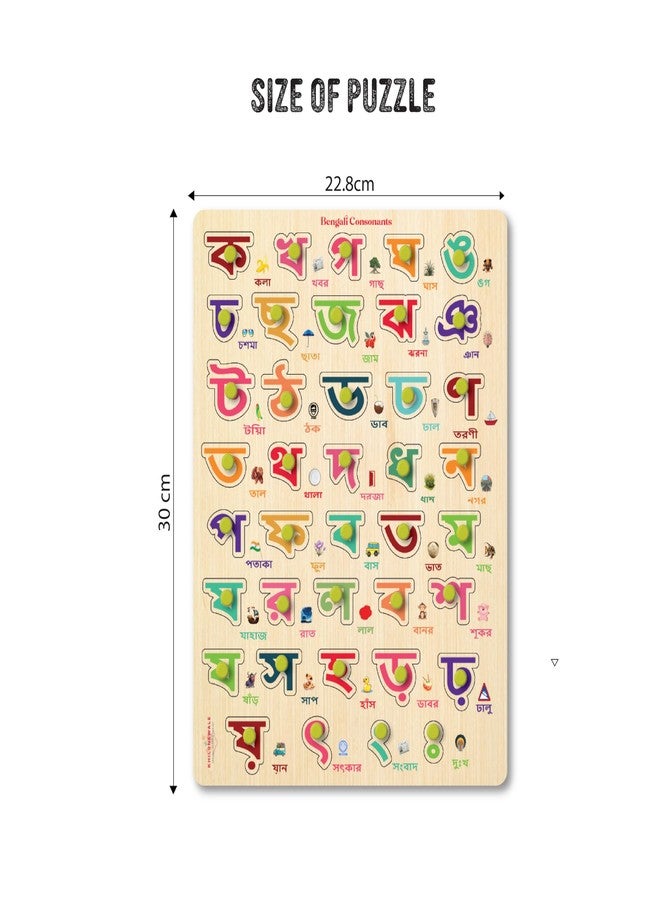 Khilonewale Wooden Bengali Alphabet & Number Knob Puzzle Set of 3 for Kids 3+ | Consonant Vowel & Number Boards | 9x12 inch Montessori Wooden Learning Toy | Early Bengali Language & Counting Educational Puzzle - Image 3